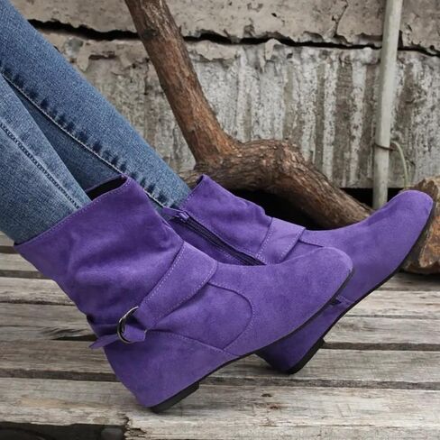 Women's Slouch Ankle Flat Boots 2025 Fashion Suede Round Toe Slip On Ankle Booties Casual Winter Short Low Heel Zipper Booties in Kuwait