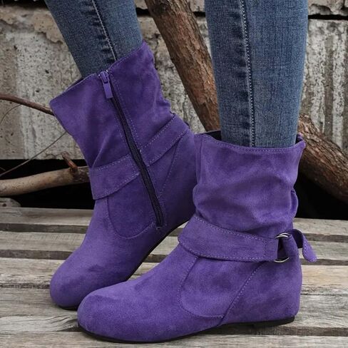 Women's Slouch Ankle Flat Boots 2025 Fashion Suede Round Toe Slip On Ankle Booties Casual Winter Short Low Heel Zipper Booties in Kuwait
