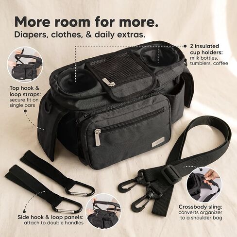 KeaBabies Stroller Organizer Bag, Stroller Caddy, Cup Holder (Matte Black) | Stroller Bag Organizer, Wagon Accessories, Stroller Diaper Bag, Stroller Storage Bag, Universal Baby Stroller Caddy Basket in Kuwait