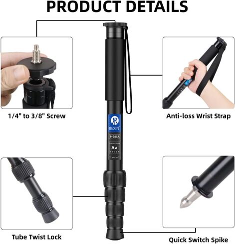 P285A Camera Monopod, 61" 5-Section Aluminum 5kg Max Load w/Carry Bag | Folded compact travel monopod, supports DSLR & camcorders, ideal for studio and outdoor photography, max 11lbs load capacity in Kuwait