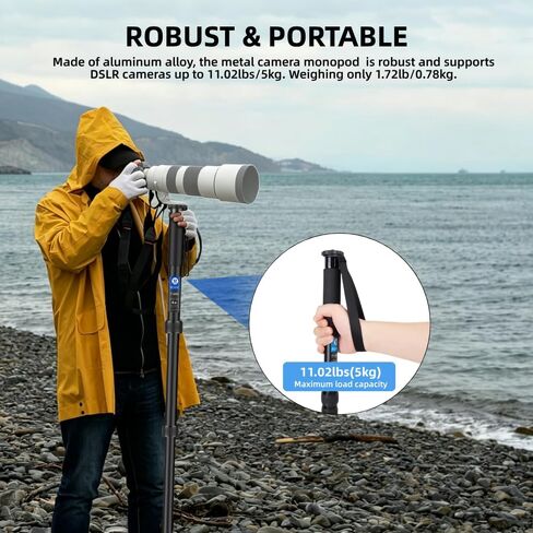 P285A Camera Monopod, 61" 5-Section Aluminum 5kg Max Load w/Carry Bag | Folded compact travel monopod, supports DSLR & camcorders, ideal for studio and outdoor photography, max 11lbs load capacity in Kuwait
