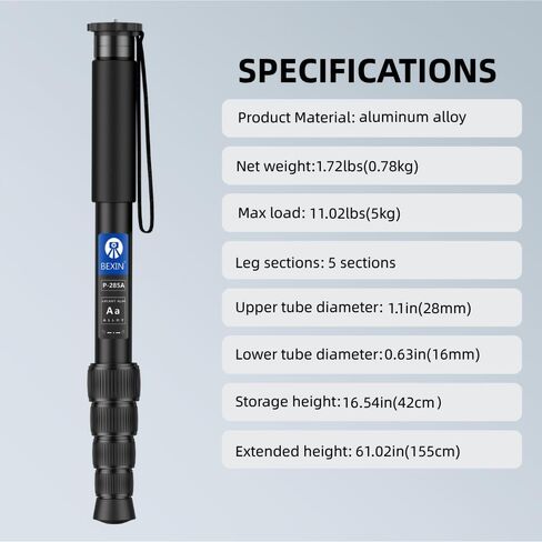 P285A Camera Monopod, 61" 5-Section Aluminum 5kg Max Load w/Carry Bag | Folded compact travel monopod, supports DSLR & camcorders, ideal for studio and outdoor photography, max 11lbs load capacity in Kuwait