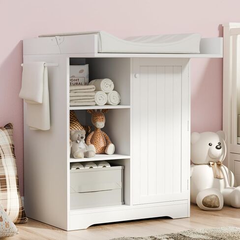 Baby Changing Table with Foldable Tabletop,White Storage Cabinet with Shelf | Modern Diaper Changing Station with Door Rack, Perfect for Bedroom & Nursery (Pad Not Included) in Kuwait