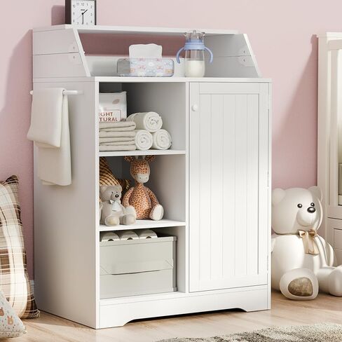 Baby Changing Table with Foldable Tabletop,White Storage Cabinet with Shelf | Modern Diaper Changing Station with Door Rack, Perfect for Bedroom & Nursery (Pad Not Included) in Kuwait