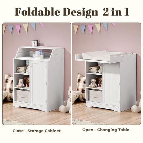 Baby Changing Table with Foldable Tabletop,White Storage Cabinet with Shelf | Modern Diaper Changing Station with Door Rack, Perfect for Bedroom & Nursery (Pad Not Included) in Kuwait