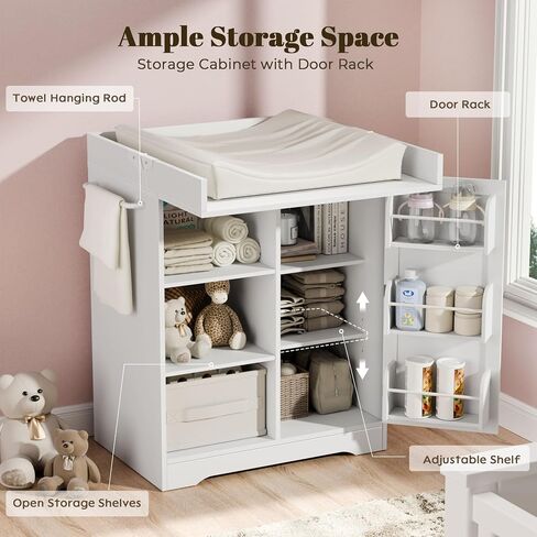 Baby Changing Table with Foldable Tabletop,White Storage Cabinet with Shelf | Modern Diaper Changing Station with Door Rack, Perfect for Bedroom & Nursery (Pad Not Included) in Kuwait