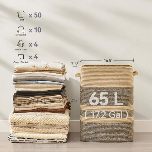 Nunsino Laundry Hamper,Laundry Basket with Leather Handles,Woven Storage Basket for Toys,Pillows,Blankets,Clothes,Dark&Brown in Kuwait