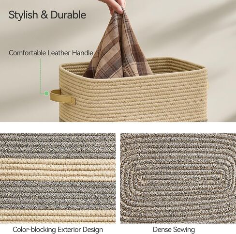 Nunsino Laundry Hamper,Laundry Basket with Leather Handles,Woven Storage Basket for Toys,Pillows,Blankets,Clothes,Dark&Brown in Kuwait