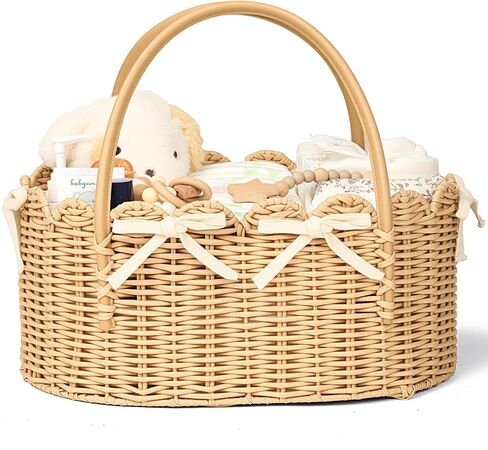 Large Diaper Caddy Organizer, Hand Rattan Scalloped Diaper Caddy Changing Table Organizer, Versatile Nursery Bakset Picnic Basket Household Organizer (Natural PE Rattan - Classic, XXL) in Kuwait