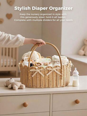 Large Diaper Caddy Organizer, Hand Rattan Scalloped Diaper Caddy Changing Table Organizer, Versatile Nursery Bakset Picnic Basket Household Organizer (Natural PE Rattan - Classic, XXL) in Kuwait