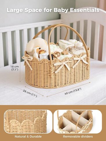 Large Diaper Caddy Organizer, Hand Rattan Scalloped Diaper Caddy Changing Table Organizer, Versatile Nursery Bakset Picnic Basket Household Organizer (Natural PE Rattan - Classic, XXL) in Kuwait