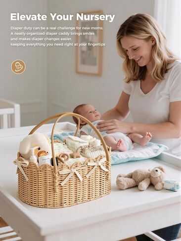 Large Diaper Caddy Organizer, Hand Rattan Scalloped Diaper Caddy Changing Table Organizer, Versatile Nursery Bakset Picnic Basket Household Organizer (Natural PE Rattan - Classic, XXL) in Kuwait