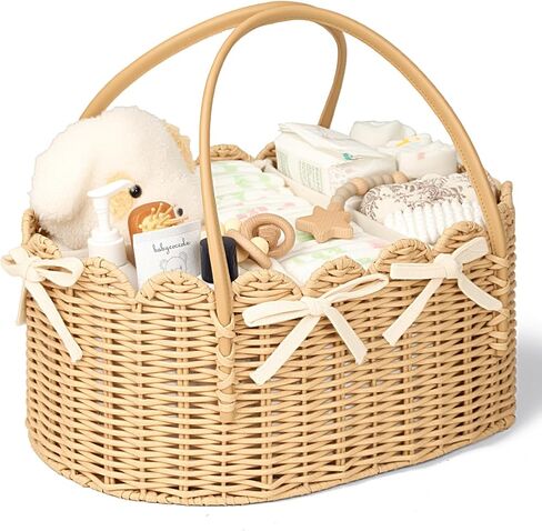 Large Diaper Caddy Organizer, Hand Rattan Scalloped Diaper Caddy Changing Table Organizer, Versatile Nursery Bakset Picnic Basket Household Organizer (Natural PE Rattan - Classic, XXL) in Kuwait