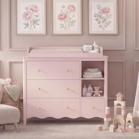 Baby Dresser with Changing Table Top Kids Dresser Pink | Nursery Dresser Wooden Small Dressers for Bedroom Baby Dresser Organizer Girls Dresser Diaper Organizer in Kuwait