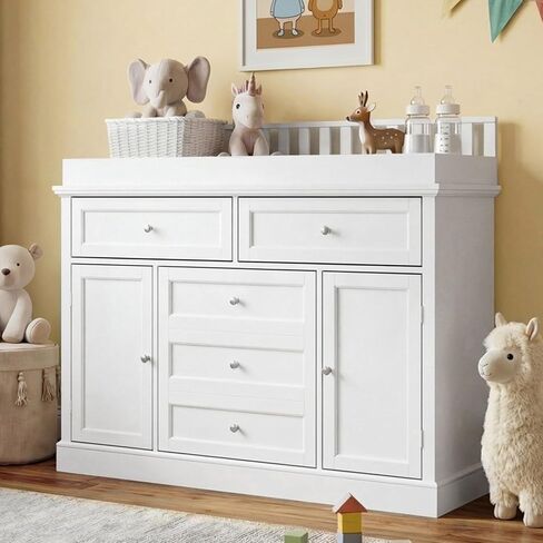 46“ Baby Dresser with Changing Table Top, White Dresser with Storage Drawers and Doors for Nursery, Multifunctional Nursery Baby Changing Table Dressers, Diaper Station Cabinet for Kids Room in Kuwait