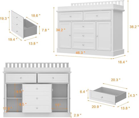 46“ Baby Dresser with Changing Table Top, White Dresser with Storage Drawers and Doors for Nursery, Multifunctional Nursery Baby Changing Table Dressers, Diaper Station Cabinet for Kids Room in Kuwait