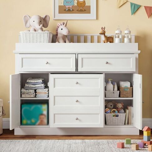 46“ Baby Dresser with Changing Table Top, White Dresser with Storage Drawers and Doors for Nursery, Multifunctional Nursery Baby Changing Table Dressers, Diaper Station Cabinet for Kids Room in Kuwait