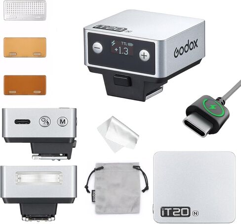 Godox IT20 C IT20C Flash for Canon,GODOX iT20C IT20 C Mini Camera Flash, TTL/Manual Modes,7.4V 300mAh Battery,1.5s Recycle,with ±⅓ Increment,Hot Shoe Triggering,Includes Spreader/Color Filter (Silver) in Kuwait