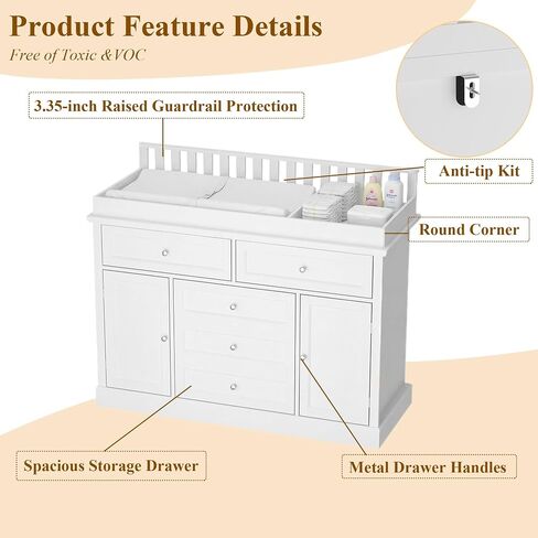 46“ Baby Dresser with Changing Table Top, White Dresser with Storage Drawers and Doors for Nursery, Multifunctional Nursery Baby Changing Table Dressers, Diaper Station Cabinet for Kids Room in Kuwait