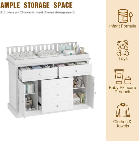 46“ Baby Dresser with Changing Table Top, White Dresser with Storage Drawers and Doors for Nursery, Multifunctional Nursery Baby Changing Table Dressers, Diaper Station Cabinet for Kids Room in Kuwait