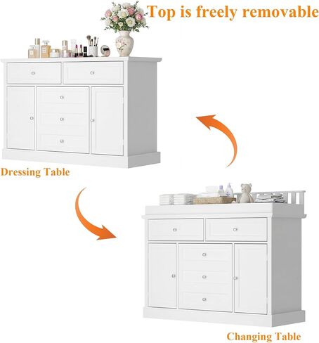 46“ Baby Dresser with Changing Table Top, White Dresser with Storage Drawers and Doors for Nursery, Multifunctional Nursery Baby Changing Table Dressers, Diaper Station Cabinet for Kids Room in Kuwait