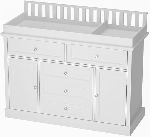 46“ Baby Dresser with Changing Table Top, White Dresser with Storage Drawers and Doors for Nursery, Multifunctional Nursery Baby Changing Table Dressers, Diaper Station Cabinet for Kids Room in Kuwait