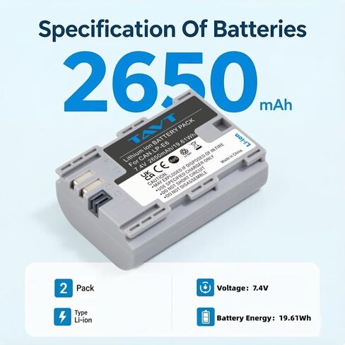 2-Pack 2850mAh LP-E6P LP-E6N LP-E6 LP-E6NH Battery & PD20W Fast Charger+SD Card Slots – Compatible with Canon EOS R5, R5II, R6, R7, 5D (II/III/IV), 5DS, 5DS R, 6D, 7D, 60D-90D, XC10 in Kuwait