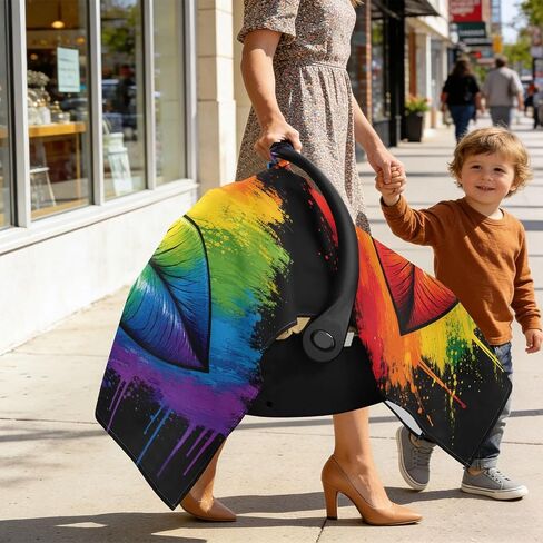 Rainbow Pride Print Baby Car Seat Cover Carseat Canopy Cover | Muslin-like Cotton Blend, Breathable, Multi-use, Newborn Essentials Must Haves, Fits Most Strollers, for Babies Boys Girls in Kuwait