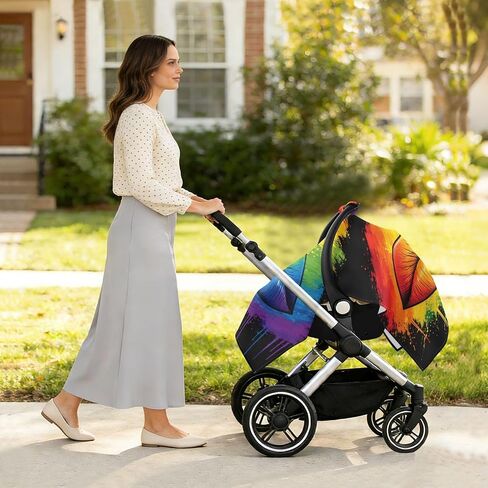 Rainbow Pride Print Baby Car Seat Cover Carseat Canopy Cover | Muslin-like Cotton Blend, Breathable, Multi-use, Newborn Essentials Must Haves, Fits Most Strollers, for Babies Boys Girls in Kuwait
