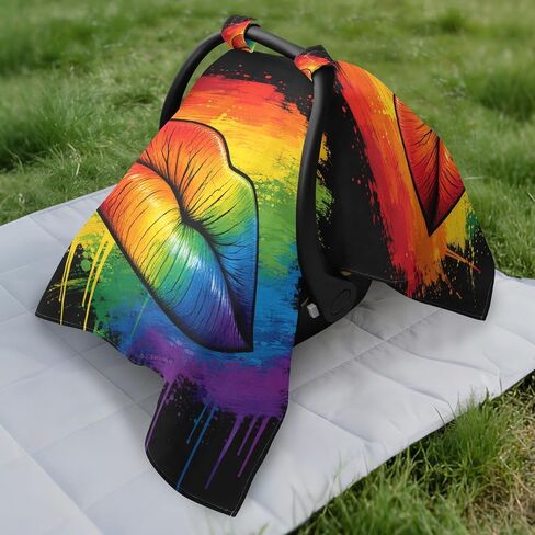 Rainbow Pride Print Baby Car Seat Cover Carseat Canopy Cover | Muslin-like Cotton Blend, Breathable, Multi-use, Newborn Essentials Must Haves, Fits Most Strollers, for Babies Boys Girls in Kuwait