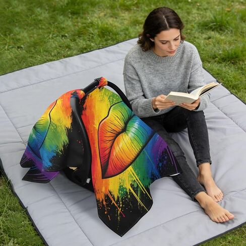 Rainbow Pride Print Baby Car Seat Cover Carseat Canopy Cover | Muslin-like Cotton Blend, Breathable, Multi-use, Newborn Essentials Must Haves, Fits Most Strollers, for Babies Boys Girls in Kuwait