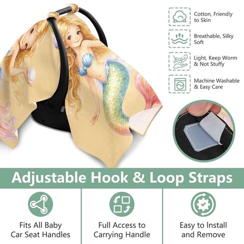 Cute Mermaid Pattern Baby Car Seat Cover Nursing Cover | Muslin-like Cotton Blend, Breathable, Multi-use, Newborn Essentials Must Haves, Fits Most Strollers, for Babies Boys Girls in Kuwait
