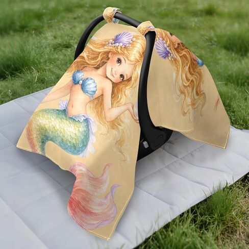 Cute Mermaid Pattern Baby Car Seat Cover Nursing Cover | Muslin-like Cotton Blend, Breathable, Multi-use, Newborn Essentials Must Haves, Fits Most Strollers, for Babies Boys Girls in Kuwait