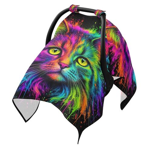 Cat Head Pattern Baby Car Seat Cover Infant Car Seat Canopy | Muslin-like Cotton Blend, Breathable, Multi-use, Newborn Essentials Must Haves, Fits Most Strollers, for Babies Boys Girls in Kuwait