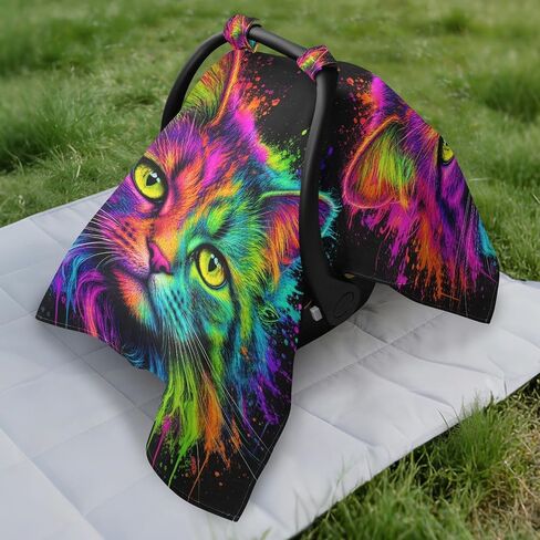 Cat Head Pattern Baby Car Seat Cover Infant Car Seat Canopy | Muslin-like Cotton Blend, Breathable, Multi-use, Newborn Essentials Must Haves, Fits Most Strollers, for Babies Boys Girls in Kuwait