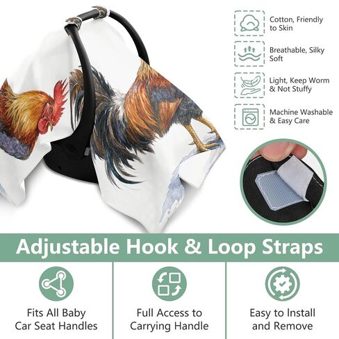 Rooster Pattern Baby Car Seat Cover Infant Carseat Canopy | Muslin-like Cotton Blend, Breathable, Multi-use, Newborn Essentials Must Haves, Fits Most Strollers, for Babies Boys Girls in Kuwait