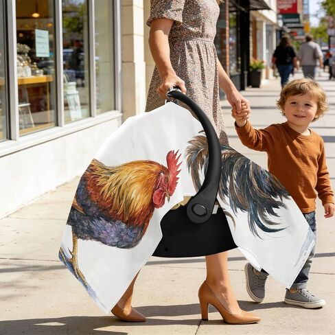 Rooster Pattern Baby Car Seat Cover Infant Carseat Canopy | Muslin-like Cotton Blend, Breathable, Multi-use, Newborn Essentials Must Haves, Fits Most Strollers, for Babies Boys Girls in Kuwait