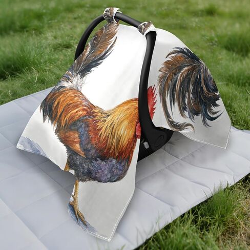 Rooster Pattern Baby Car Seat Cover Infant Carseat Canopy | Muslin-like Cotton Blend, Breathable, Multi-use, Newborn Essentials Must Haves, Fits Most Strollers, for Babies Boys Girls in Kuwait