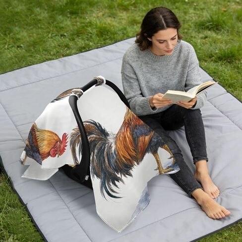 Rooster Pattern Baby Car Seat Cover Infant Carseat Canopy | Muslin-like Cotton Blend, Breathable, Multi-use, Newborn Essentials Must Haves, Fits Most Strollers, for Babies Boys Girls in Kuwait