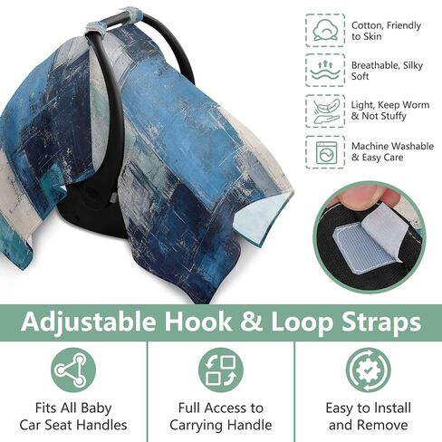 Turquoise Pattern Baby Car Seat Cover Baby Carrier Cover | Muslin-like Cotton Blend, Breathable, Multi-use, Newborn Essentials Must Haves, Fits Most Strollers, for Babies Boys Girls in Kuwait