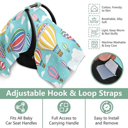 Hot Air Balloons Print Baby Car Seat Cover Nursing Cover | Muslin-like Cotton Blend, Breathable, Multi-use, Newborn Essentials Must Haves, Fits Most Strollers, for Babies Boys Girls in Kuwait