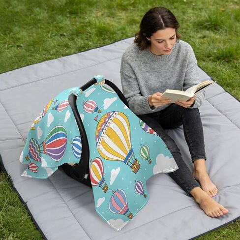 Hot Air Balloons Print Baby Car Seat Cover Nursing Cover | Muslin-like Cotton Blend, Breathable, Multi-use, Newborn Essentials Must Haves, Fits Most Strollers, for Babies Boys Girls in Kuwait