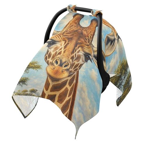 Giraffe Head Pattern Baby Car Seat Cover Baby Carrier Cover | Muslin-like Cotton Blend, Breathable, Multi-use, Newborn Essentials Must Haves, Fits Most Strollers, for Babies Boys Girls in Kuwait
