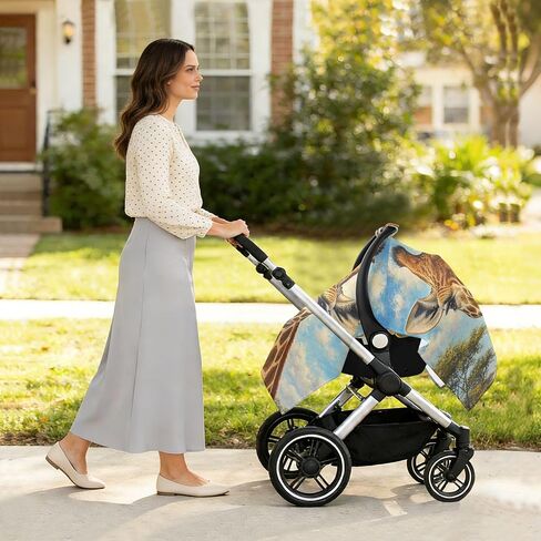 Giraffe Head Pattern Baby Car Seat Cover Baby Carrier Cover | Muslin-like Cotton Blend, Breathable, Multi-use, Newborn Essentials Must Haves, Fits Most Strollers, for Babies Boys Girls in Kuwait