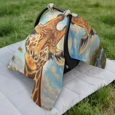 Giraffe Head Pattern Baby Car Seat Cover Baby Carrier Cover | Muslin-like Cotton Blend, Breathable, Multi-use, Newborn Essentials Must Haves, Fits Most Strollers, for Babies Boys Girls in Kuwait