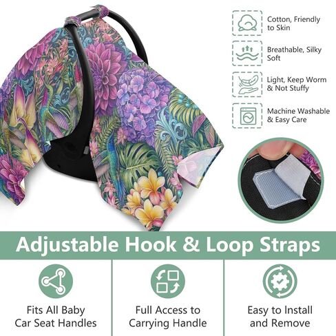 Hummingbird Print Baby Car Seat Cover Stroller Shade | Muslin-like Cotton Blend, Breathable, Multi-use, Newborn Essentials Must Haves, Fits Most Strollers, for Babies Boys Girls in Kuwait