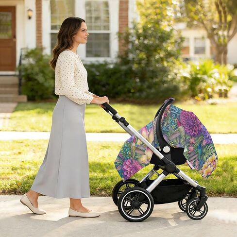 Hummingbird Print Baby Car Seat Cover Stroller Shade | Muslin-like Cotton Blend, Breathable, Multi-use, Newborn Essentials Must Haves, Fits Most Strollers, for Babies Boys Girls in Kuwait