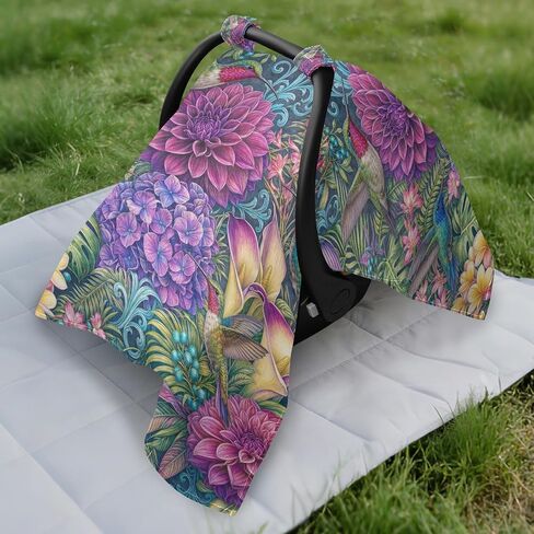 Hummingbird Print Baby Car Seat Cover Stroller Shade | Muslin-like Cotton Blend, Breathable, Multi-use, Newborn Essentials Must Haves, Fits Most Strollers, for Babies Boys Girls in Kuwait