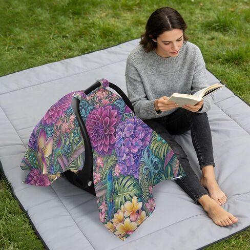 Hummingbird Print Baby Car Seat Cover Stroller Shade | Muslin-like Cotton Blend, Breathable, Multi-use, Newborn Essentials Must Haves, Fits Most Strollers, for Babies Boys Girls in Kuwait