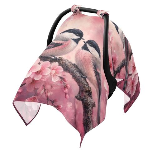 Blossoms Birds Pattern Baby Car Seat Cover Stroller Canopy | Muslin-like Cotton Blend, Breathable, Multi-use, Newborn Essentials Must Haves, Fits Most Strollers, for Babies Boys Girls in Kuwait